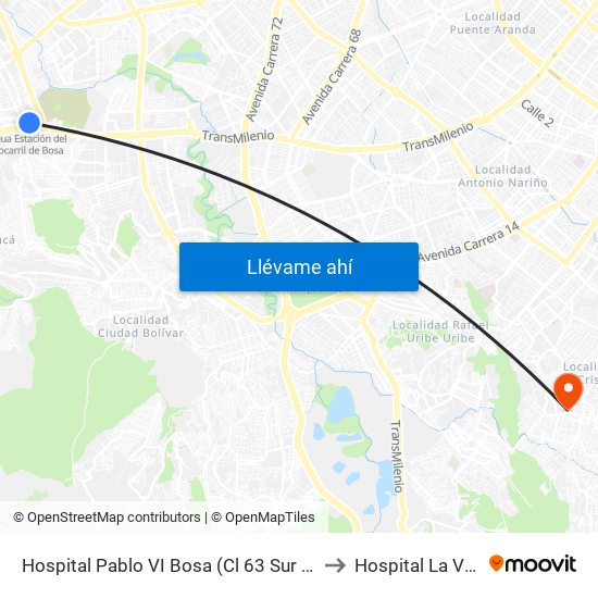 Hospital Pablo VI Bosa (Cl 63 Sur - Kr 77g) (A) to Hospital La Victoria map