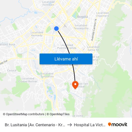 Br. Lusitania (Av. Centenario - Kr 68b) to Hospital La Victoria map