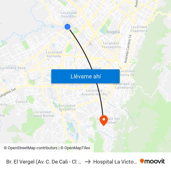 Br. El Vergel (Av. C. De Cali - Cl 18) to Hospital La Victoria map