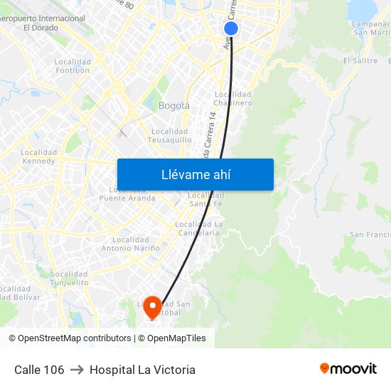 Calle 106 to Hospital La Victoria map