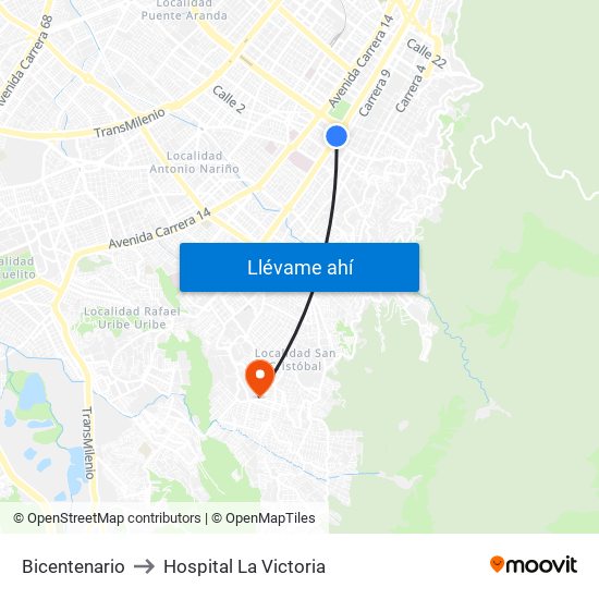 Bicentenario to Hospital La Victoria map