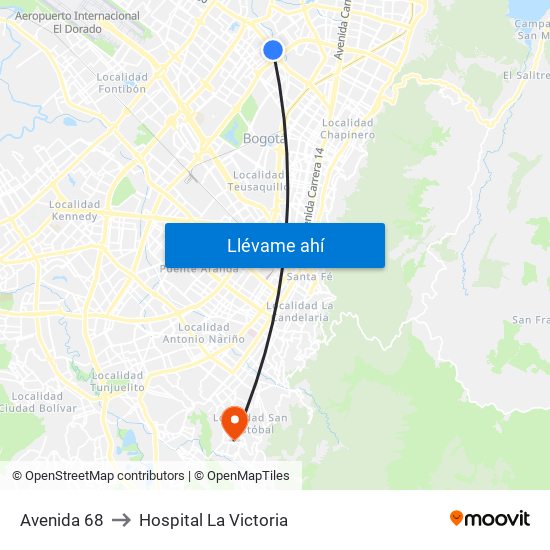 Avenida 68 to Hospital La Victoria map