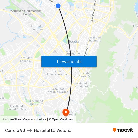 Carrera 90 to Hospital La Victoria map