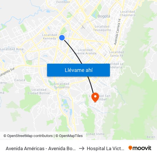 Avenida Américas - Avenida Boyacá to Hospital La Victoria map