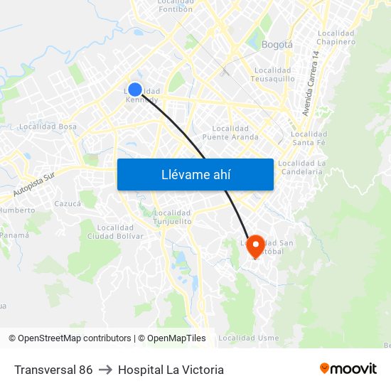 Transversal 86 to Hospital La Victoria map