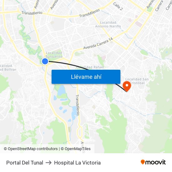 Portal Del Tunal to Hospital La Victoria map