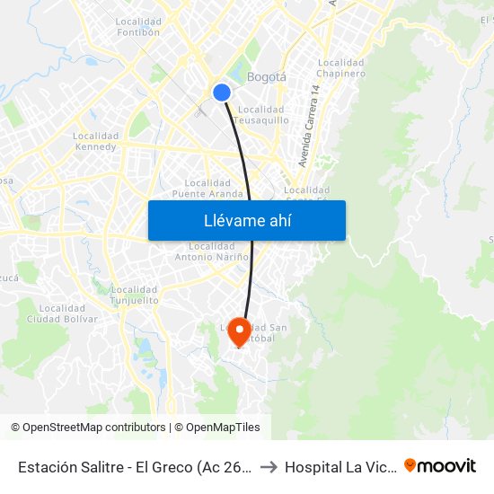 Estación Salitre - El Greco (Ac 26 - Ak 68) to Hospital La Victoria map