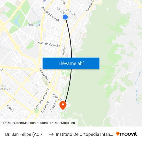 Br. San Felipe (Ac 72 - Kr 17) to Instituto De Ortopedia Infantil Roosevelt map
