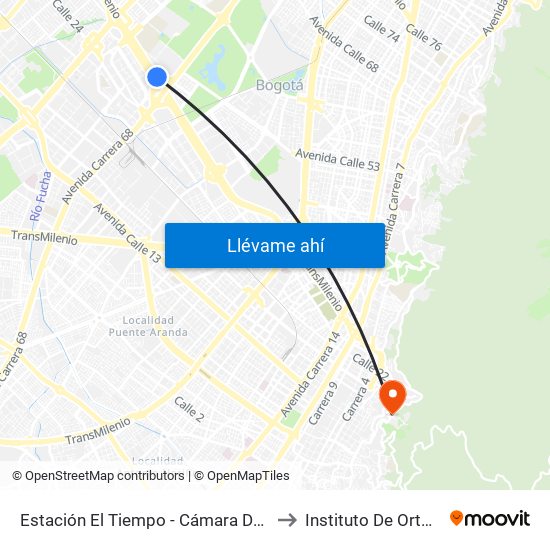Estación El Tiempo - Cámara De Comercio De Bogotá (Ac 26 - Kr 68b Bis) to Instituto De Ortopedia Infantil Roosevelt map