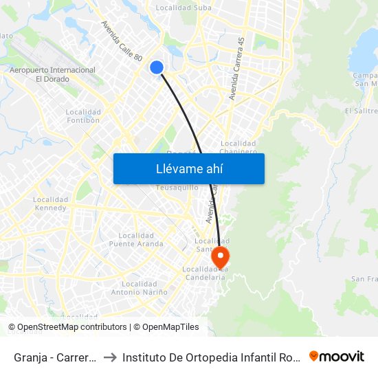 Granja - Carrera 77 to Instituto De Ortopedia Infantil Roosevelt map