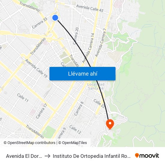 Avenida El Dorado to Instituto De Ortopedia Infantil Roosevelt map