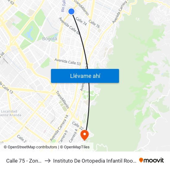 Calle 75 - Zona M to Instituto De Ortopedia Infantil Roosevelt map