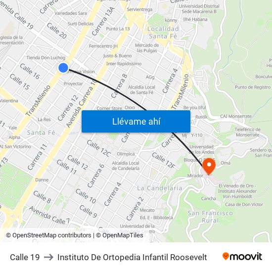 Calle 19 to Instituto De Ortopedia Infantil Roosevelt map