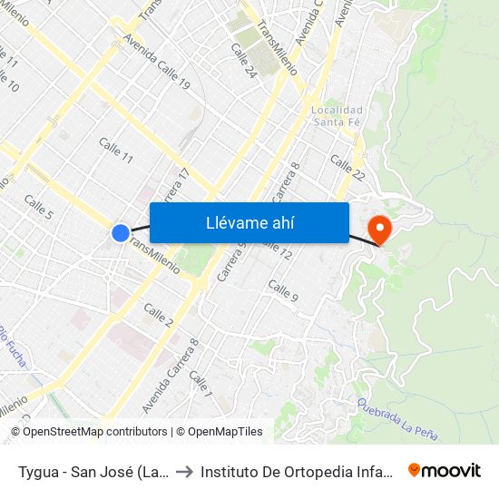 Tygua - San José (Lado Norte) to Instituto De Ortopedia Infantil Roosevelt map