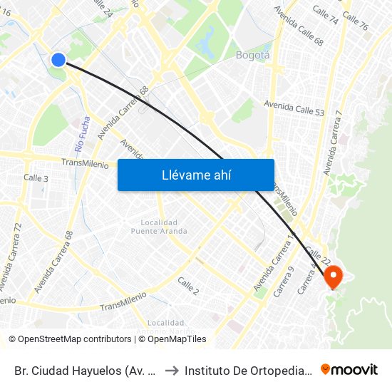 Br. Ciudad Hayuelos (Av. Centenario - Kr 78g) to Instituto De Ortopedia Infantil Roosevelt map