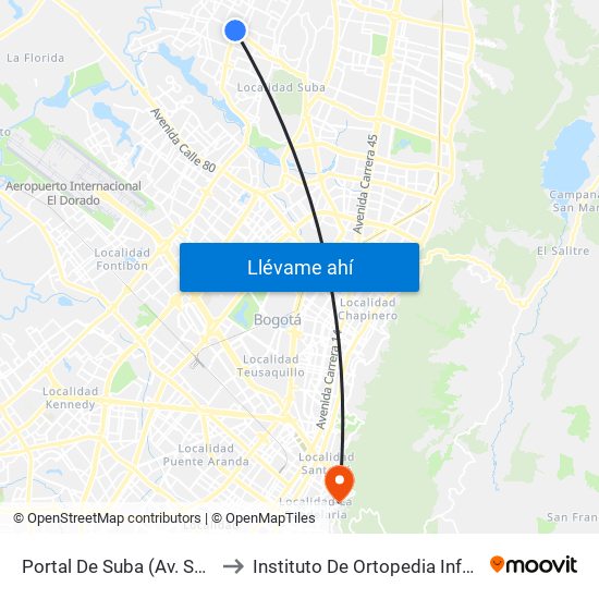 Portal De Suba (Av. Suba - Kr 106) to Instituto De Ortopedia Infantil Roosevelt map