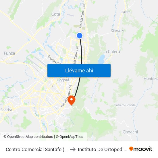 Centro Comercial Santafé (Auto Norte - Cl 187) (B) to Instituto De Ortopedia Infantil Roosevelt map