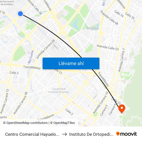 Centro Comercial Hayuelos (Av. C. De Cali - Cl 20) to Instituto De Ortopedia Infantil Roosevelt map