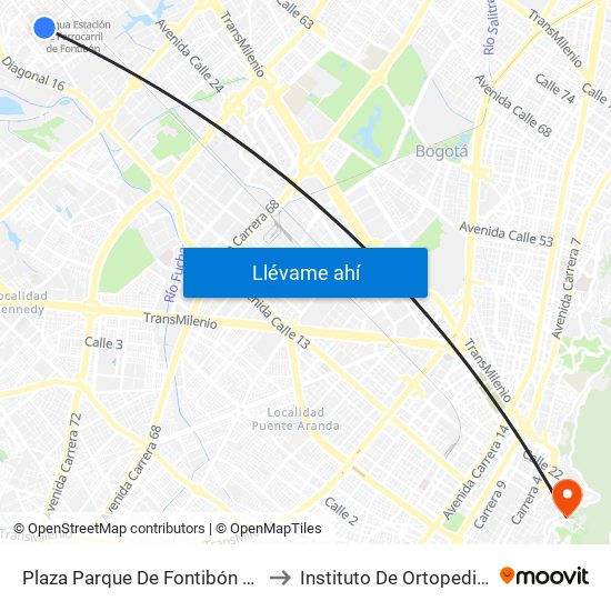 Plaza Parque De Fontibón Kr 100 (Kr 100 - Cl 17a) to Instituto De Ortopedia Infantil Roosevelt map