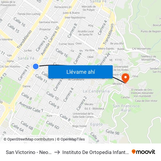 San Victorino - Neos Centro to Instituto De Ortopedia Infantil Roosevelt map