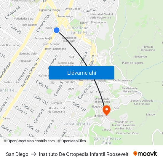 San Diego to Instituto De Ortopedia Infantil Roosevelt map