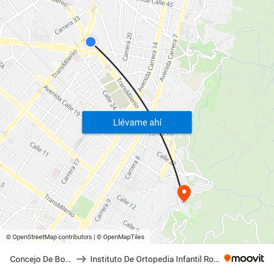 Concejo De Bogotá to Instituto De Ortopedia Infantil Roosevelt map