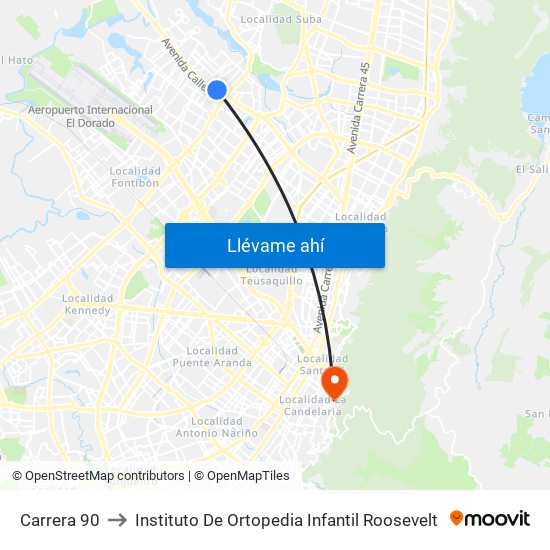 Carrera 90 to Instituto De Ortopedia Infantil Roosevelt map