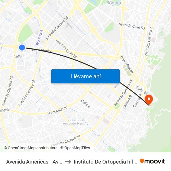 Avenida Américas - Avenida Boyacá to Instituto De Ortopedia Infantil Roosevelt map