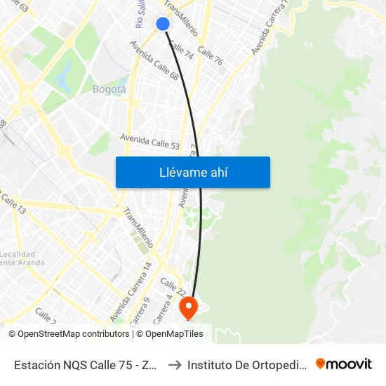 Estación NQS Calle 75 - Zona M (Av. NQS - Cl 75) to Instituto De Ortopedia Infantil Roosevelt map