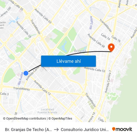 Br. Granjas De Techo (Av. Centenario - Kr 65) to Consultorio Jurídico Universidad Santo Tomás map