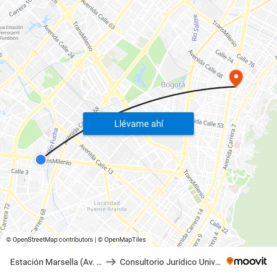 Estación Marsella (Av. Américas - Kr 69b) to Consultorio Jurídico Universidad Santo Tomás map