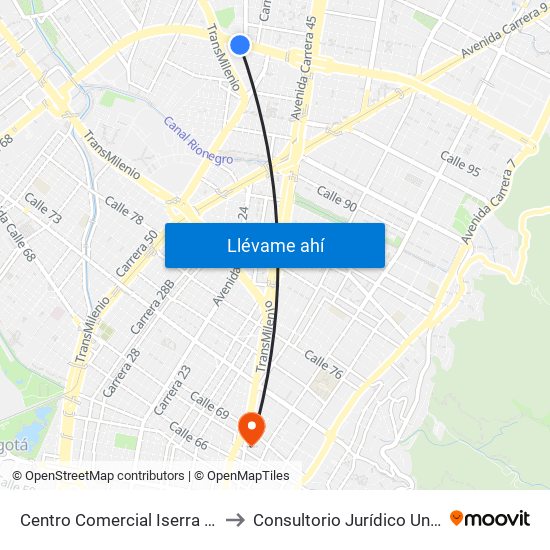 Centro Comercial Iserra 100 (Ac 100 - Kr 54) (B) to Consultorio Jurídico Universidad Santo Tomás map