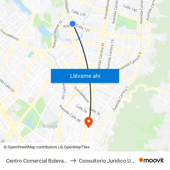 Centro Comercial Bulevar Niza (Ac 127 - Av. Suba) to Consultorio Jurídico Universidad Santo Tomás map