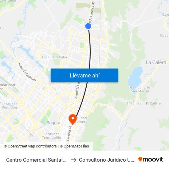 Centro Comercial Santafé (Auto Norte - Cl 187) (B) to Consultorio Jurídico Universidad Santo Tomás map