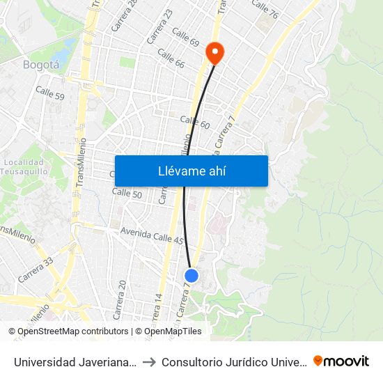 Universidad Javeriana (Ak 7 - Cl 40) (B) to Consultorio Jurídico Universidad Santo Tomás map