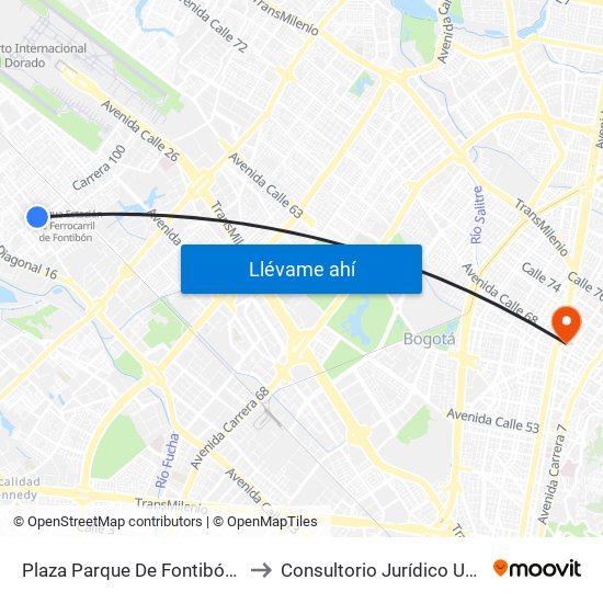 Plaza Parque De Fontibón Kr 100 (Kr 100 - Cl 17a) to Consultorio Jurídico Universidad Santo Tomás map
