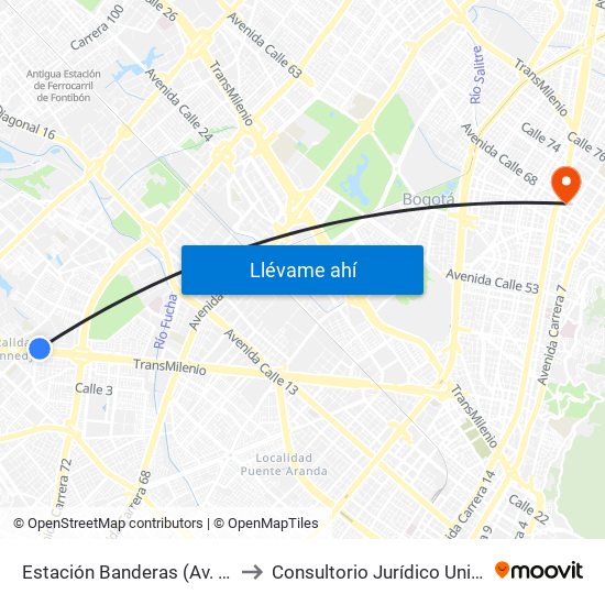 Estación Banderas (Av. Américas - Kr 78a) (A) to Consultorio Jurídico Universidad Santo Tomás map