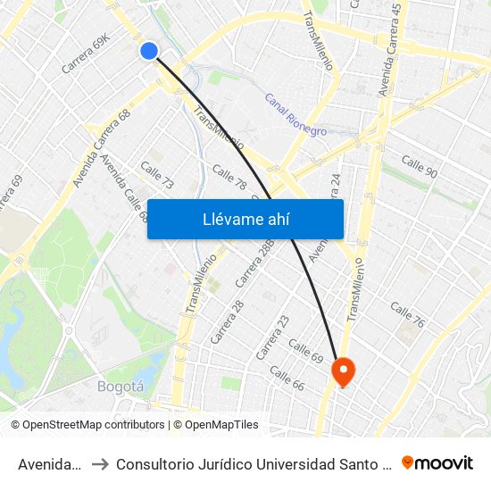 Avenida 68 to Consultorio Jurídico Universidad Santo Tomás map