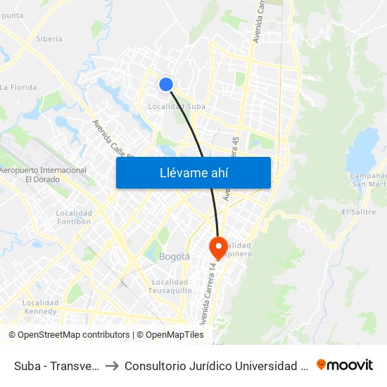 Suba - Transversal 91 to Consultorio Jurídico Universidad Santo Tomás map