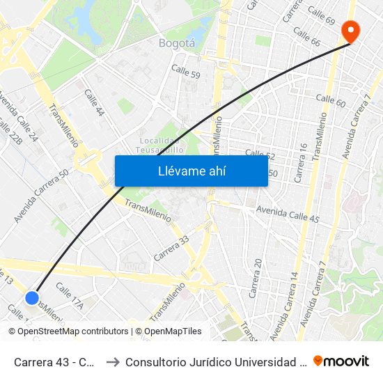 Carrera 43 - Comapan to Consultorio Jurídico Universidad Santo Tomás map