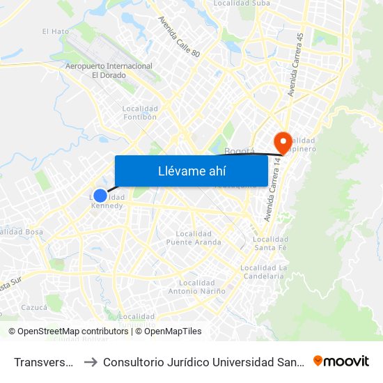 Transversal 86 to Consultorio Jurídico Universidad Santo Tomás map