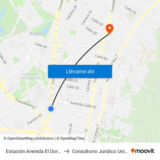 Estación Avenida El Dorado (Av. NQS - Cl 40a) to Consultorio Jurídico Universidad Santo Tomás map