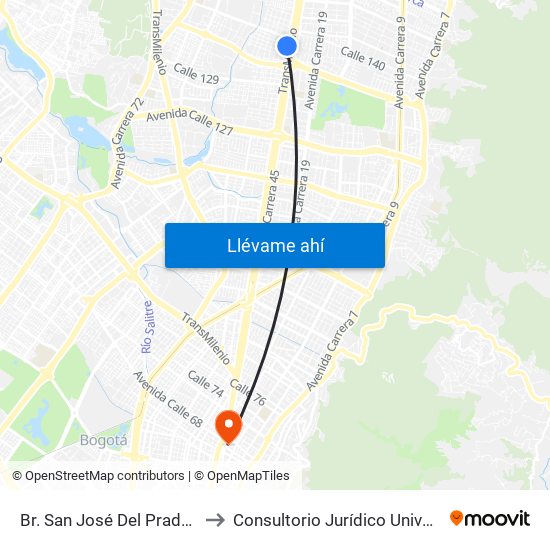 Br. San José Del Prado (Kr 45a - Cl 137) to Consultorio Jurídico Universidad Santo Tomás map