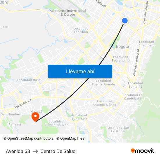 Avenida 68 to Centro De Salud map