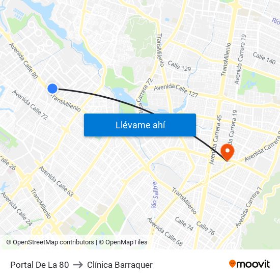 Portal De La 80 to Clínica Barraquer map