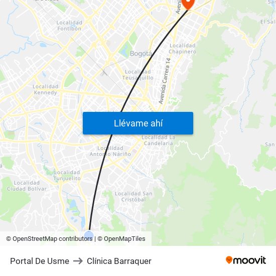 Portal De Usme to Clínica Barraquer map