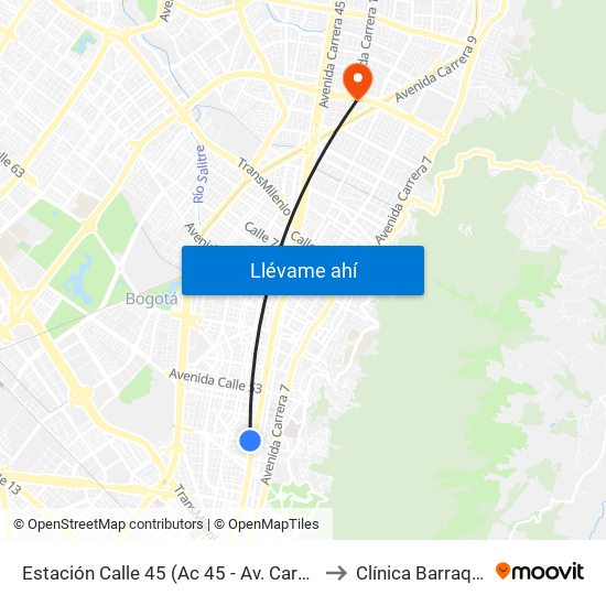 Estación Calle 45 (Ac 45 - Av. Caracas) to Clínica Barraquer map