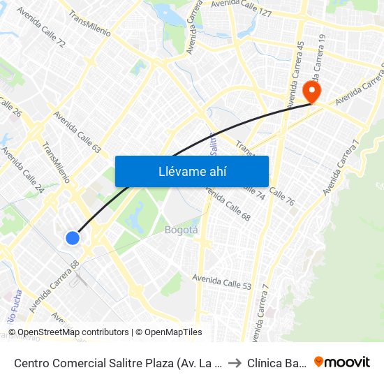 Centro Comercial Salitre Plaza (Av. La Esperanza - Kr 68b) to Clínica Barraquer map