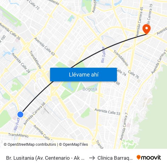 Br. Lusitania (Av. Centenario - Ak 68d) to Clínica Barraquer map