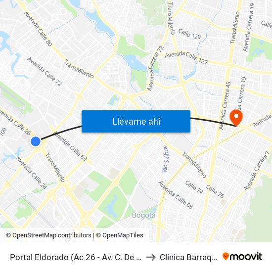 Portal Eldorado (Ac 26 - Av. C. De Cali) to Clínica Barraquer map